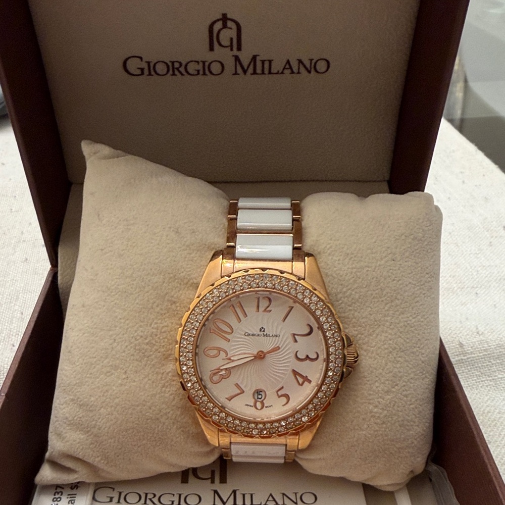 Women's Rose Gold and White Ceramic Crystal Watch